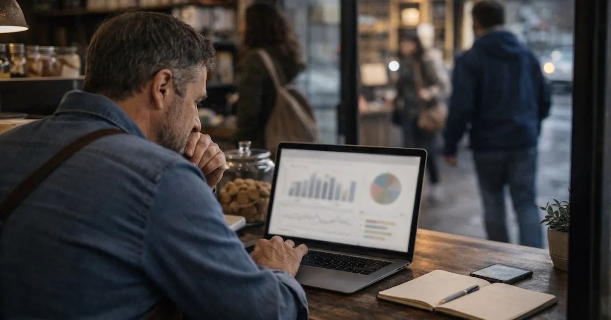 A business owner reviewing data on a laptop