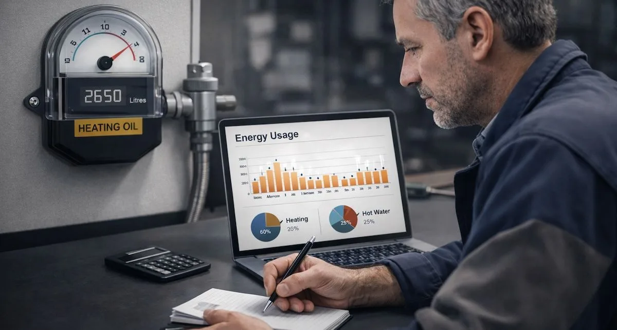 A business owner reviewing energy data beside a heating oil meter