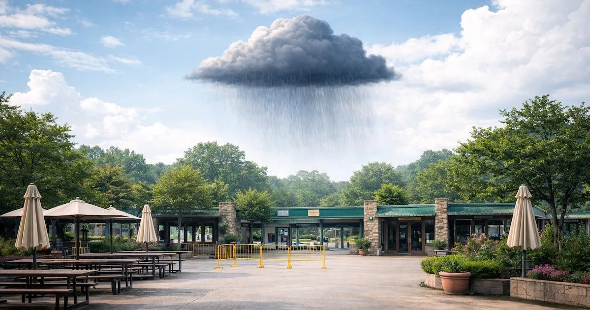 An empty outdoor attraction under a small dark rain cloud